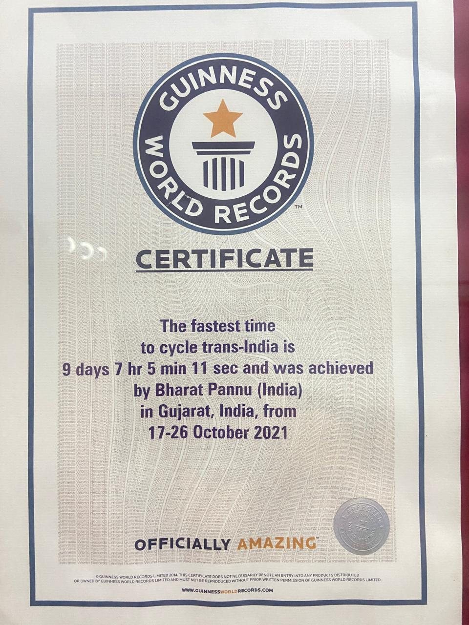 Guinness World Record certificate — fastest time to cycle trans-India