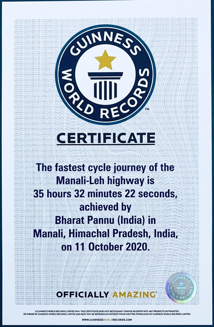 Guinness World Record certificate — Manali to Leh