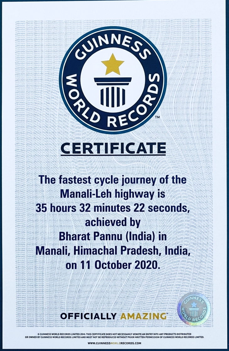 Guinness World Record certificate — Manali to Leh