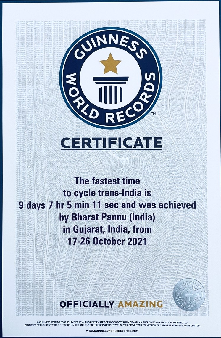 Guinness World Record certificate — Trans-India West to East