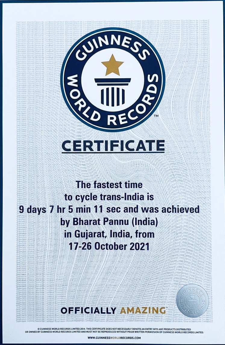 Guinness World Record certificate — Trans-India West to East