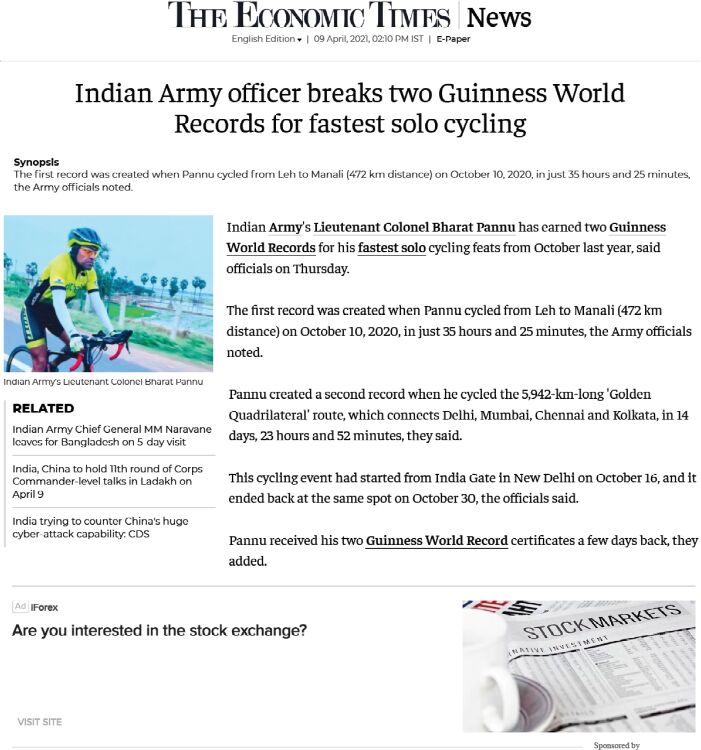 The Economic Times clipping — Indian Army officer breaks two Guinness World Records