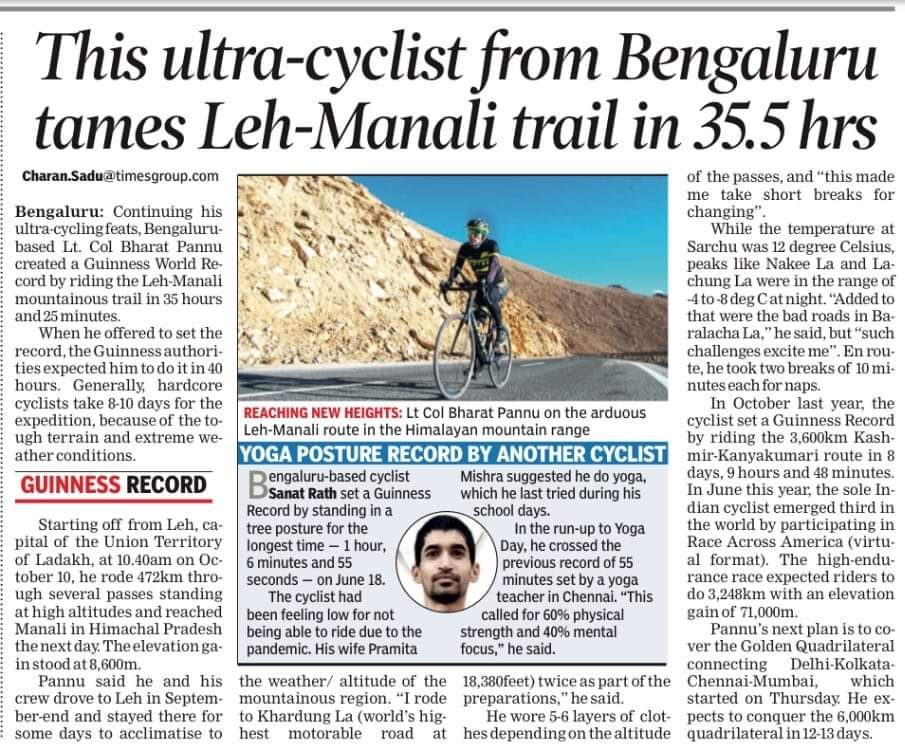 Times of India clipping — This ultra-cyclist from Bengaluru tames Leh-Manali trail in 35.5 hrs