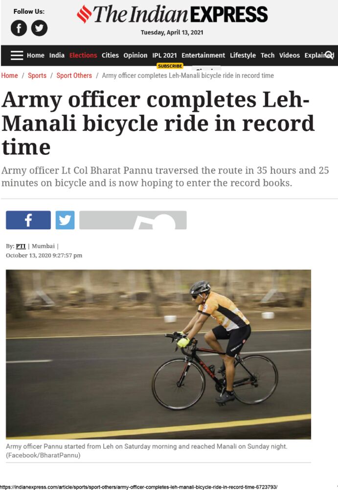 The Indian Express clipping — Army officer completes Leh-Manali bicycle ride in record time