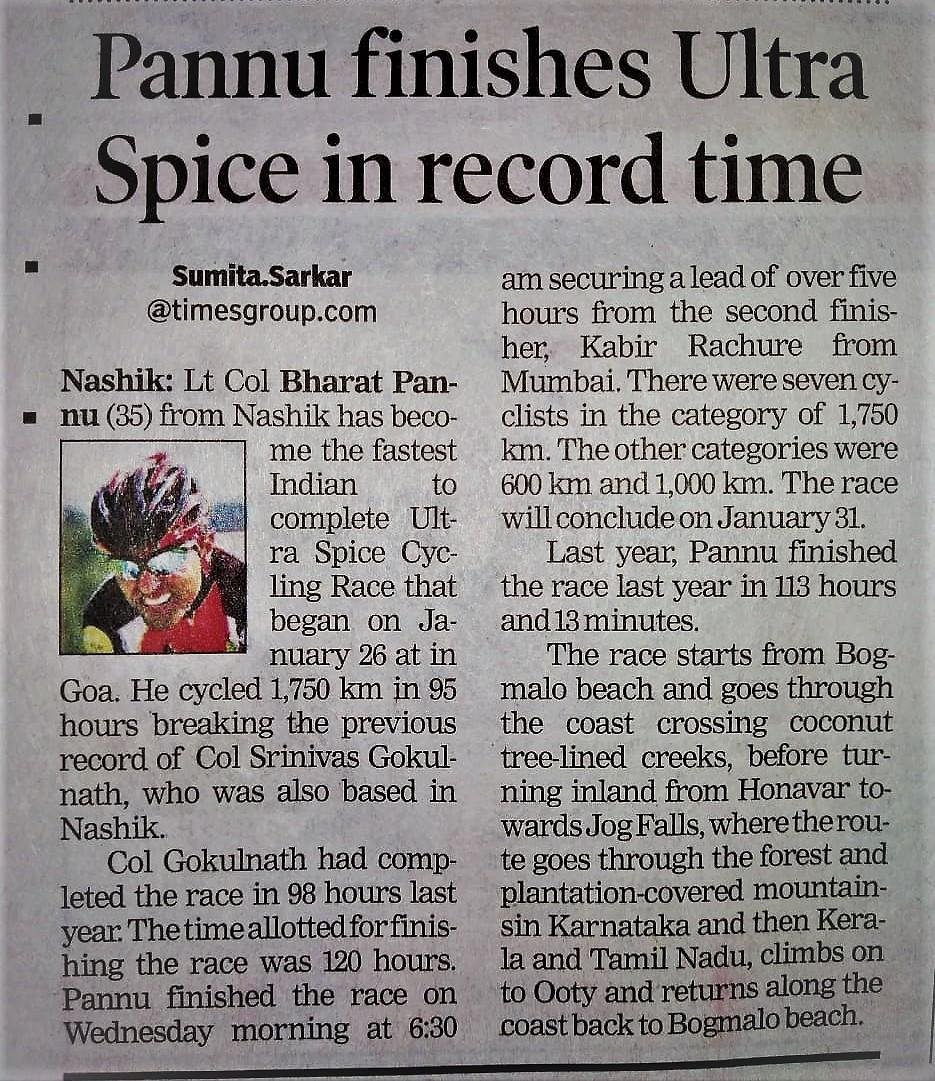 Times of India clipping — Pannu finishes Ultra Spice in record time