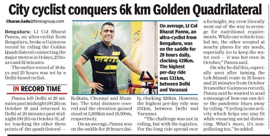Times of India clipping — City cyclist conquers 6k km Golden Quadrilateral